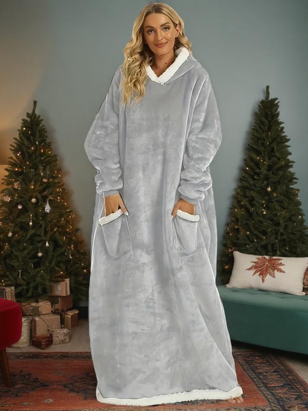 Autumn Winter Christmas Flannel Cotton Blend Hooded Long Robe, Soft Comfortable Homeewear with Vertical Pocket, Casual Plain Style