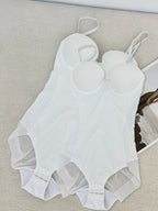 Women's Solid Color Contrast Mesh Sheer Cami Shapewear Bodysuit, Adjustable Strap Tummy Control Shapewear for All Seasons