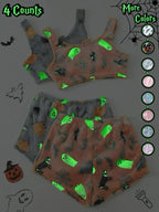 4 Counts/2 Set Women's Halloween Print Glow in The Dark Crop Tank Top & Elastic Waist Shorts Fluffy Pajamas, Casual Comfortable Loungewear for Women, Comfy Loungewear for Women, Women's Sleepwear for Fall, Fluffy Pajamas