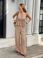Women's Striped Two-Piece Set: Sleeveless Tie-Waist Top and Relaxed Long Pants — Vintage Bohemian Style, Commuter Outfit