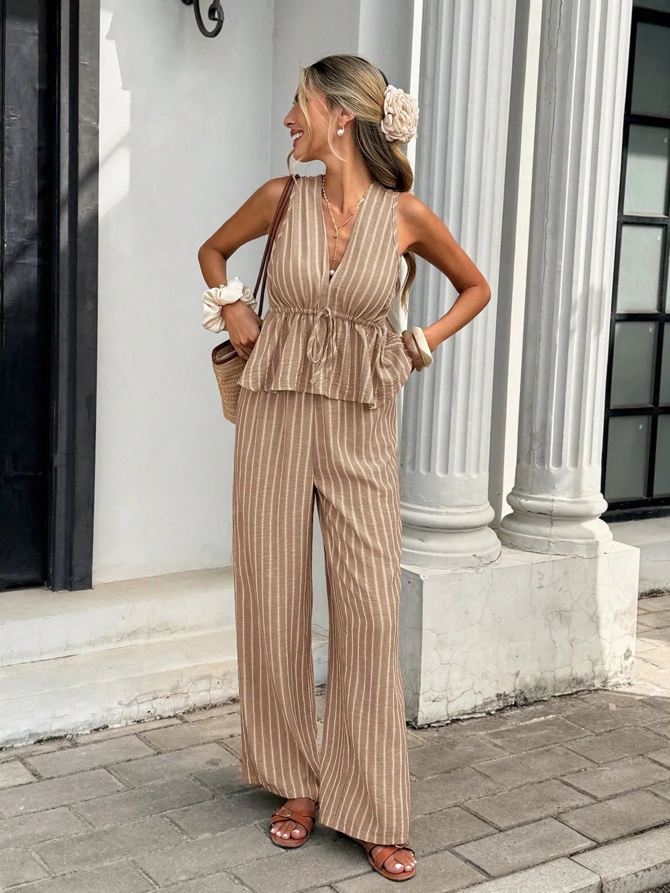Women's Striped Two-Piece Set: Sleeveless Tie-Waist Top and Relaxed Long Pants — Vintage Bohemian Style, Commuter Outfit