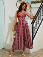 Women's Boho Striped Bodycon Dress, Split Thigh Backless Spaghetti Strap, Perfect for Beach Vacation & Layering
