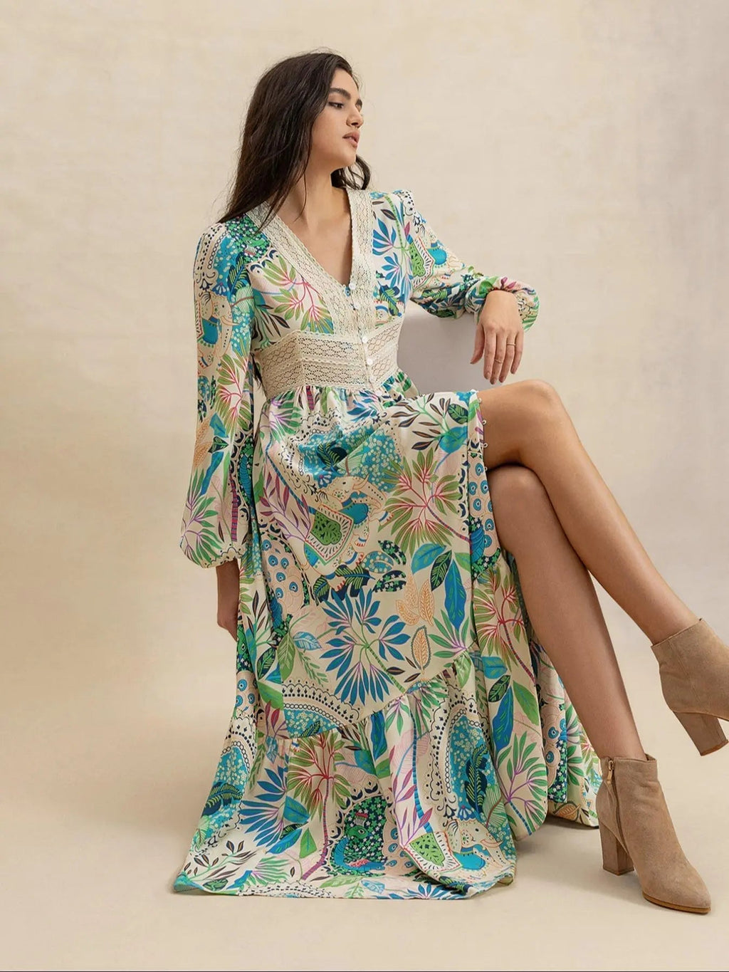 Women's Leaf Print Contrast Lace Button Front Split Thigh Dress, Elegant Bishop Sleeve V Neck Ruffle Hem Long Dress for Holiday Vacation, Ladies Fall & Winter Clothes