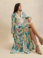 Women's Leaf Print Contrast Lace Button Front Split Thigh Dress, Elegant Bishop Sleeve V Neck Ruffle Hem Long Dress for Holiday Vacation, Ladies Fall & Winter Clothes
