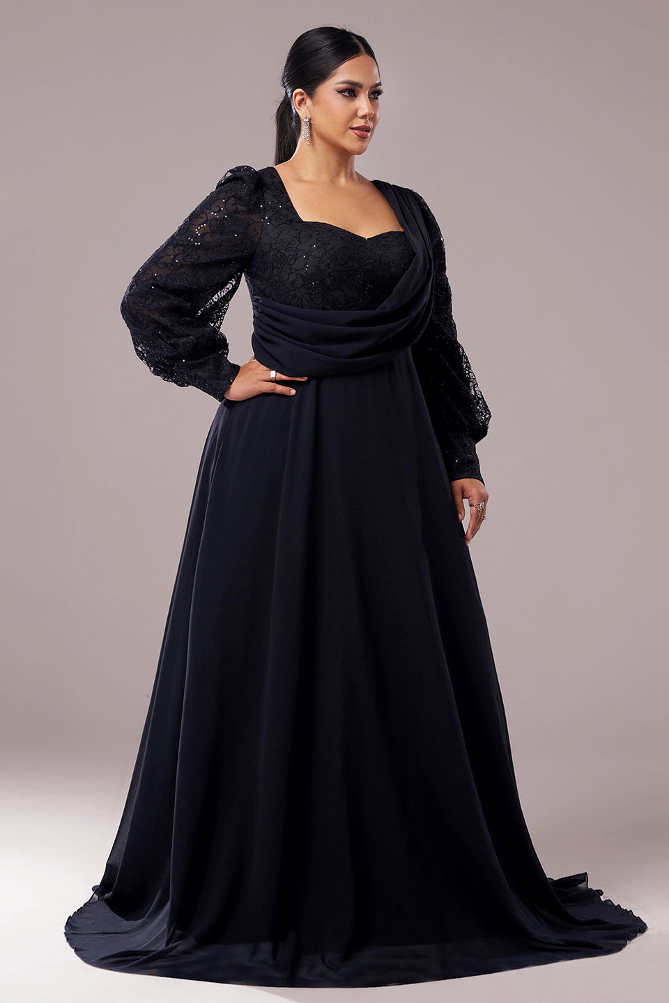 Curveins Plus Size V-Neck Long Sleeve Elegant Panel Maxi Dress