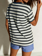 Women's Classic Casual Striped Long Sleeve Spring Fall Round Neck Fitted Top