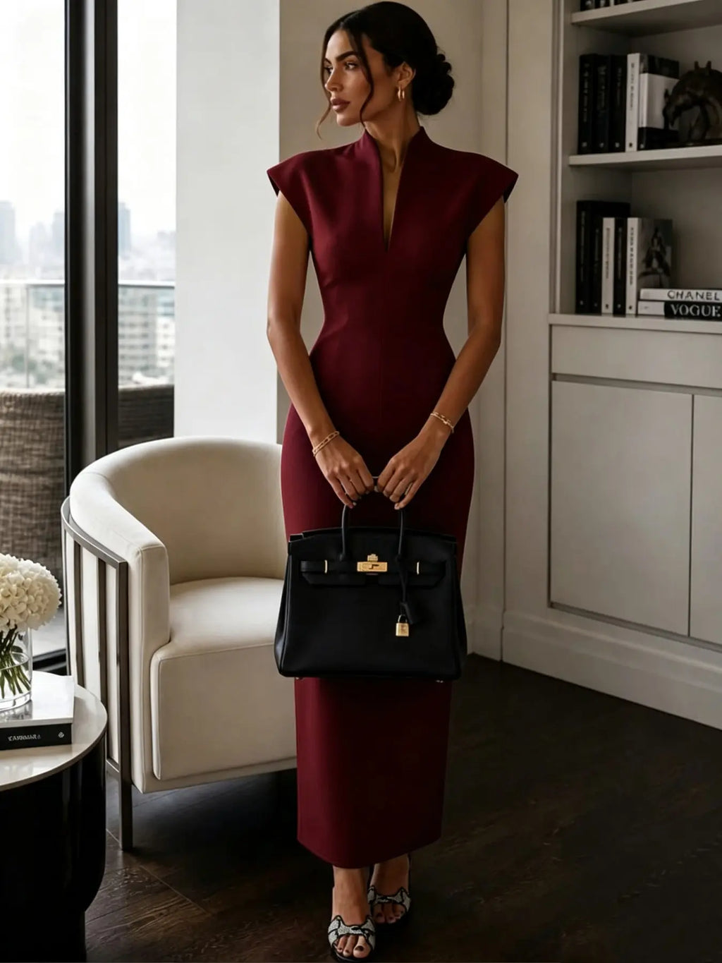New Stand Collar V Neck Sleeveless High Waist Bodycon Dress