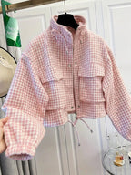 Women's Fashion Retro Plaid Stand Collar Short Coat