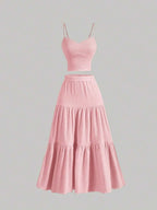 Women's Solid Woven Crop Cami Top & Pleated A-line Skirt Two-piece Set