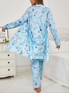 Three-Piece Set Women's Floral Butterfly Print Belted Long Sleeve Lounge Robe & Lettuce Trim Cami Top & Pants Pyjama Set