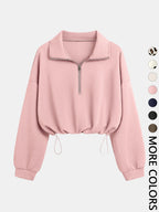 Women's Half-Zip Stand Collar Drawstring Adjustable Short Sweatshirt