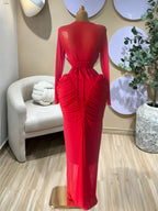 Women's Long Sleeve Patchwork Pleated Tiered Tie Smoked Formal Prom Dress