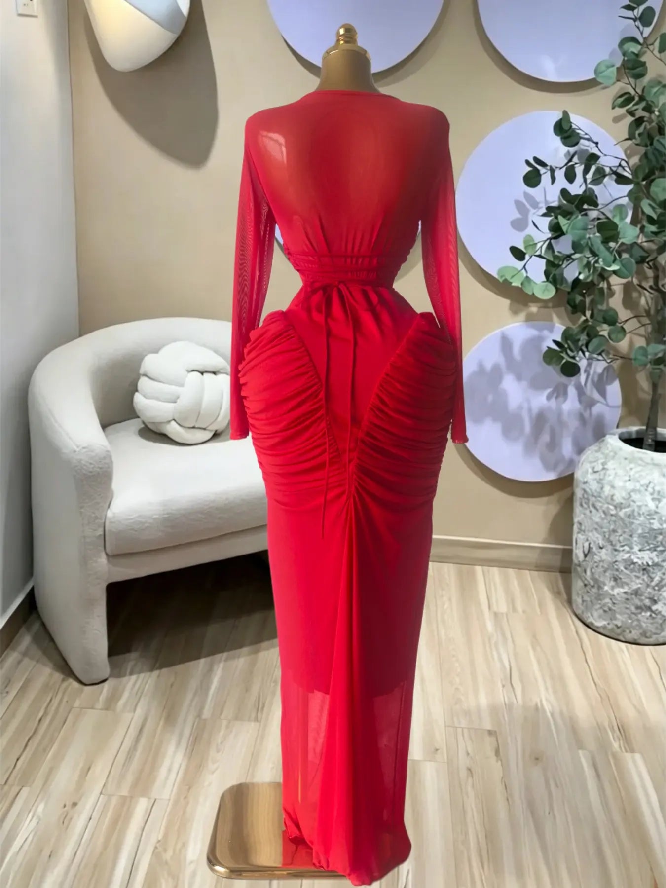 Women's Long Sleeve Patchwork Pleated Tiered Tie Smoked Formal Prom Dress