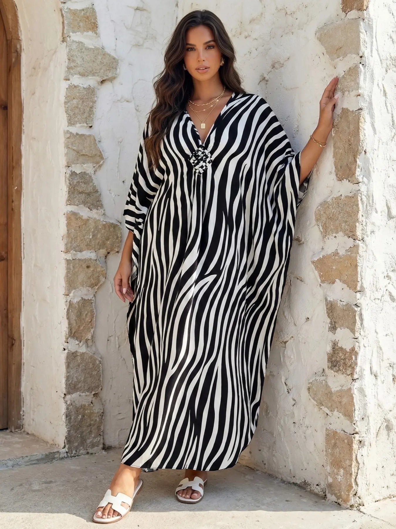 Women's Leopard Print Batwing Sleeve Split Hem Kaftan Dress, Casual Modest Style V-Neck 3/4 Sleeve Long Dress for Fall & Winter, Women's Islamic Clothing for Daily Wear