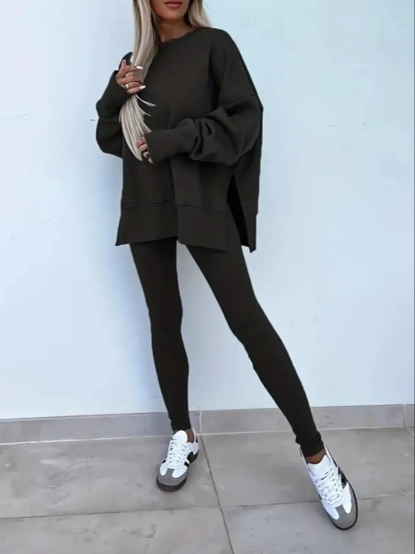 Women's Solid Drop Shoulder Split Hem Sweatshirt & Pants Two-piece Set
