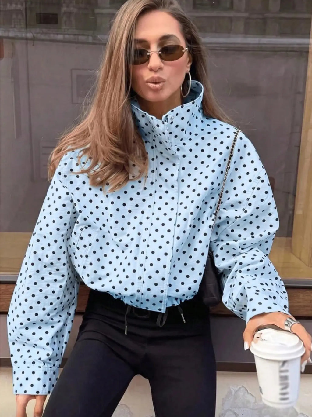 Polka Dot Women's Spring High Neck Long Sleeve Jacket