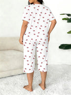 Plus-Size Women's Cherry Print Round Neck Short Sleeve Top and Capri Pants Set