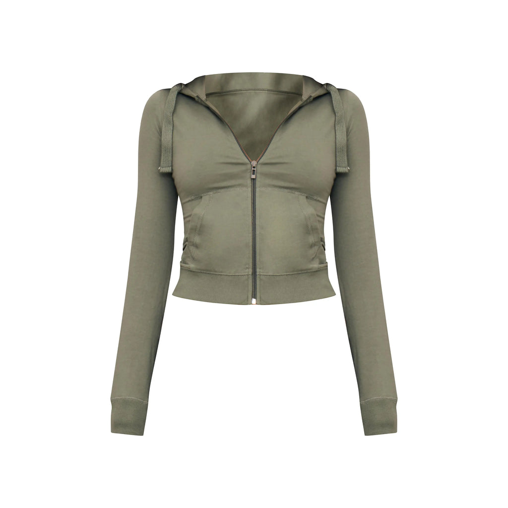 Sea green zip-up slim-fit sportswear set, two-piece set including top and trousers.