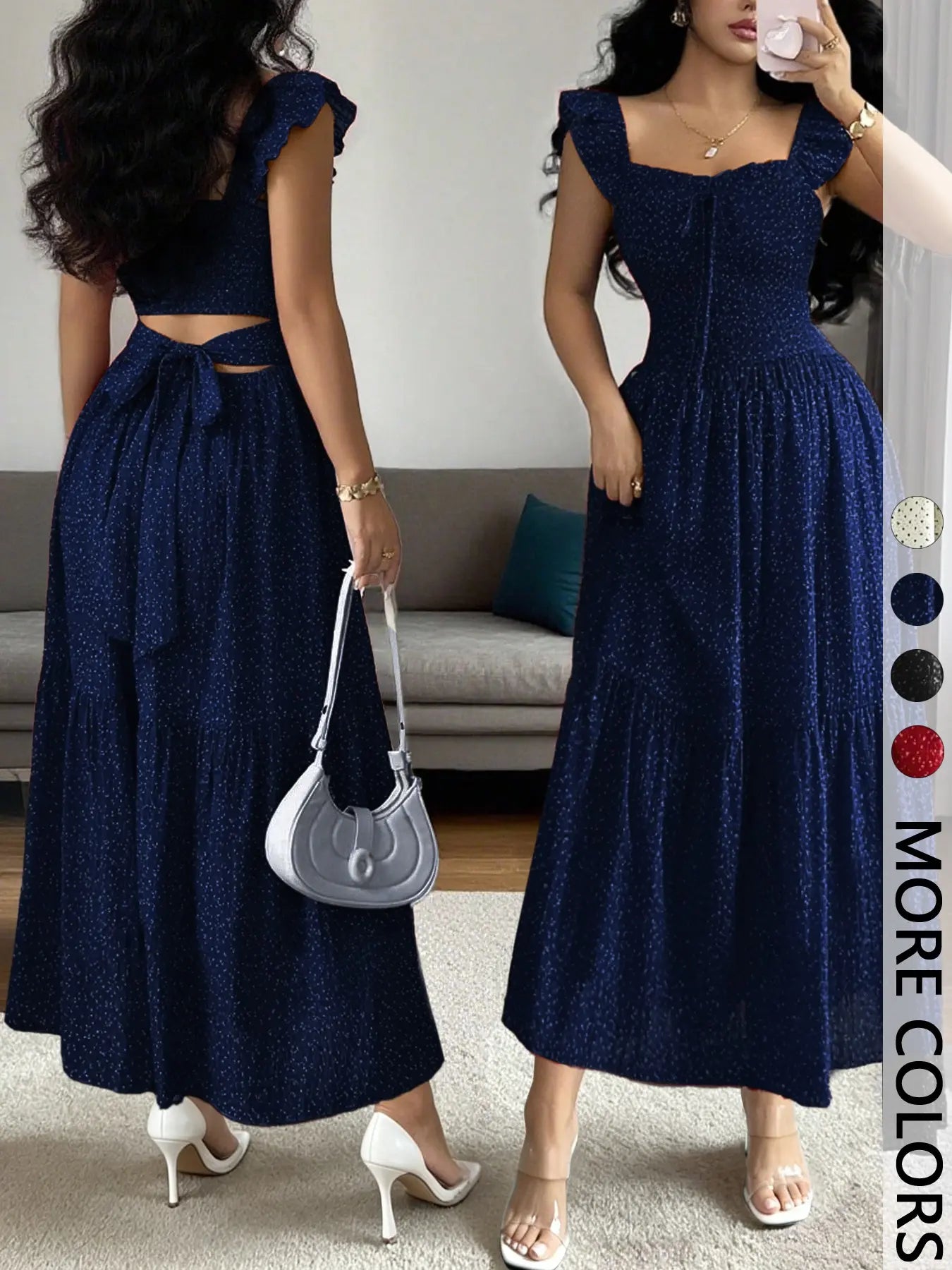 1 Piece Spring & Summer Ruffled Square Neck Polka Dot Maxi Dress