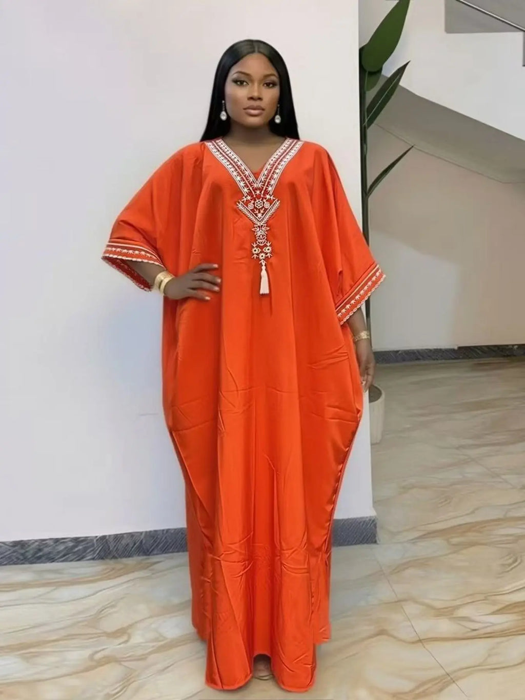 Women's Summer Solid Color Embroidered Fringe Caftan Casual Wear Dress with Pockets and Side Slit