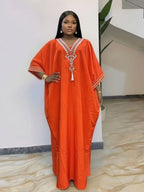 Women's Summer Solid Color Embroidered Fringe Caftan Casual Wear Dress with Pockets and Side Slit
