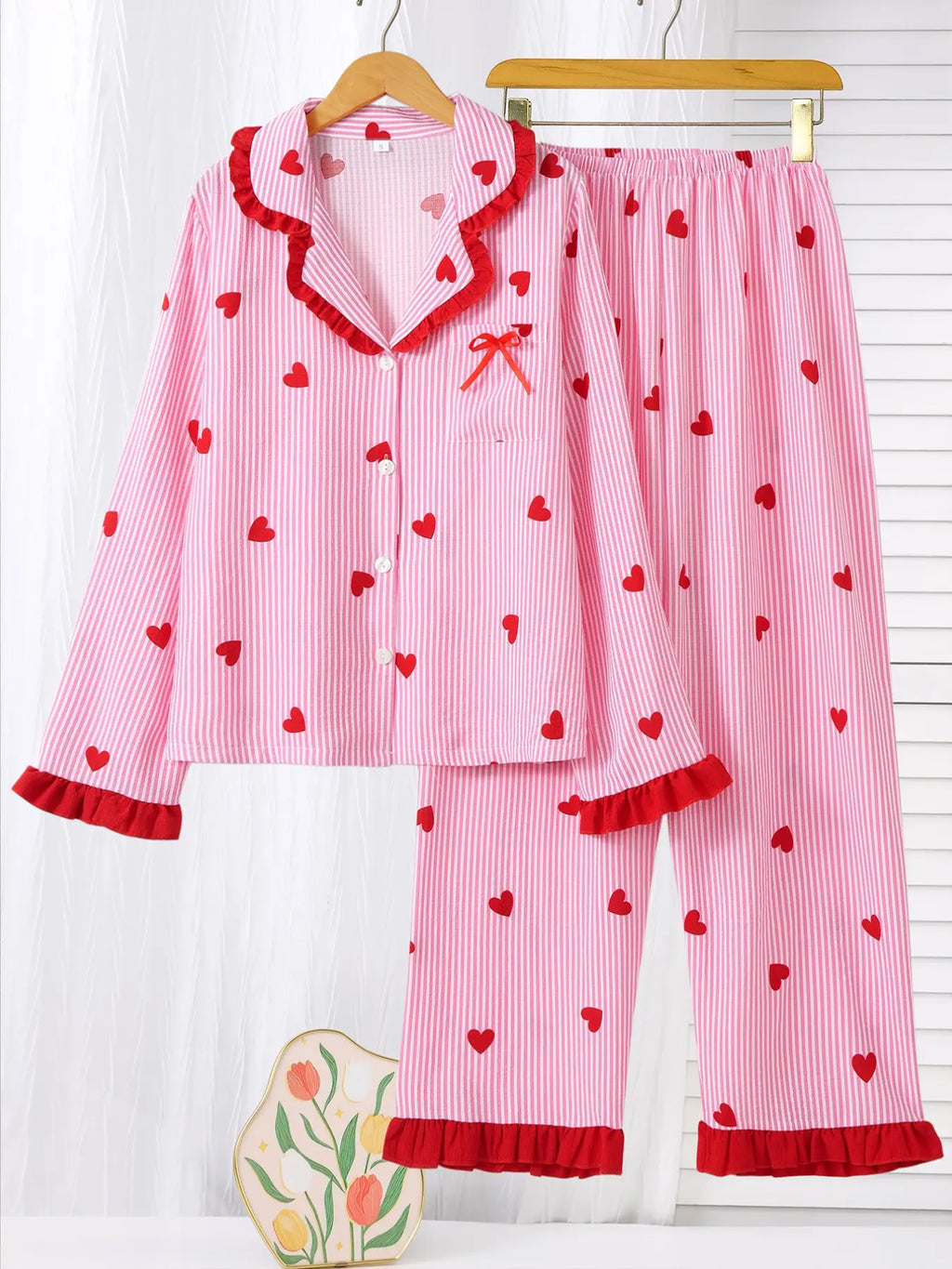 Women's Sleepwear Set Pajamas Breathable Striped Bow Design