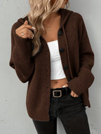 Women's Knitted Hooded Button Front Cardigan With Pocket