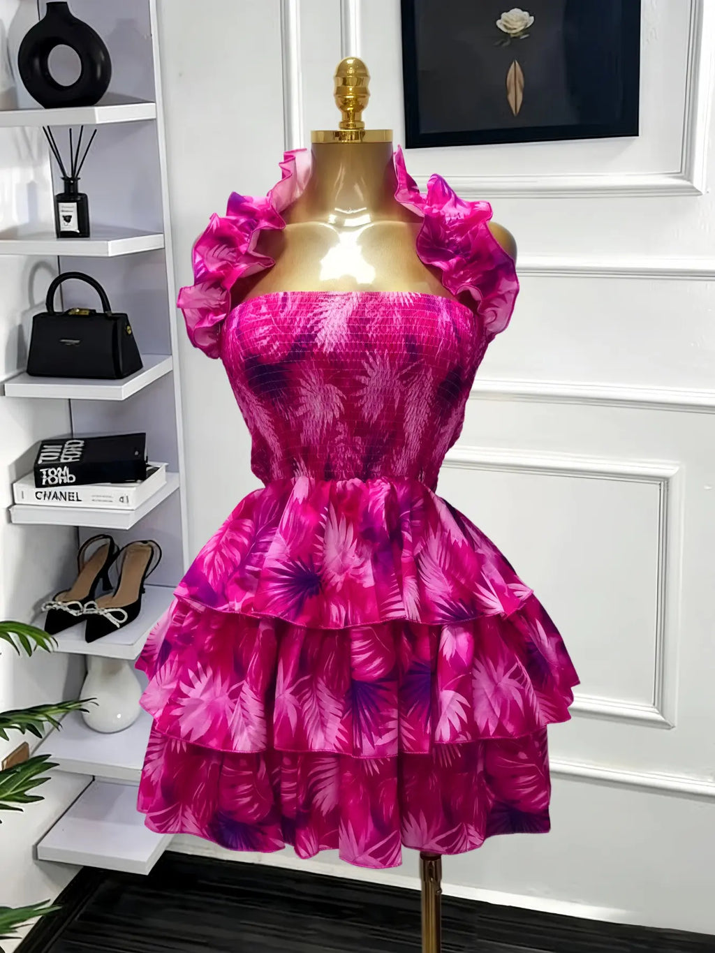 Women's Floral Print Backless Strapless Layered Ruffle Mini Dress
