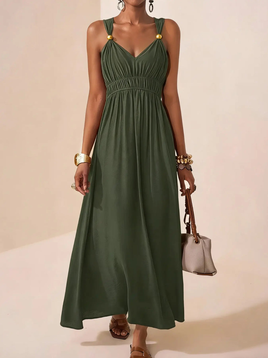 Long Sleeveless Thin Strap Deep V Neck Elegant A-Line Dress