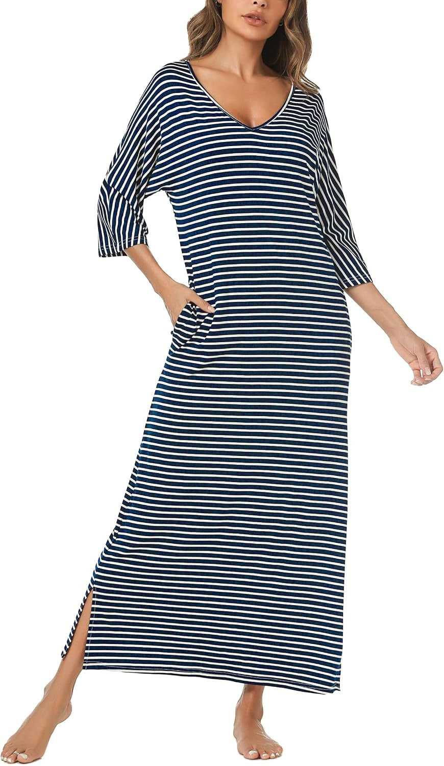 Women's long nightgown, three-quarter sleeve pure cotton pajamas, with pockets