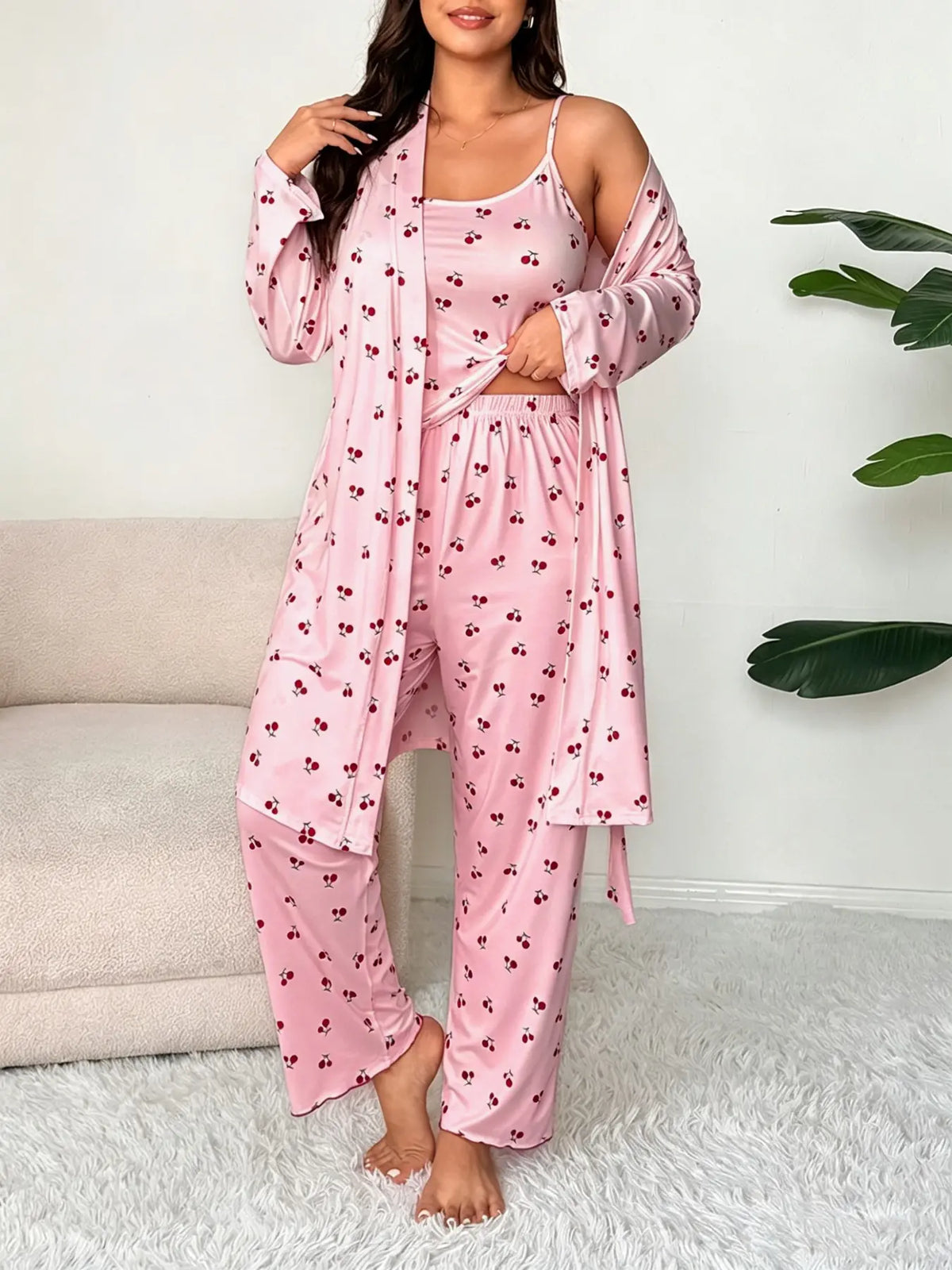 Plus Size Cherry Print Women's Sweet Comfortable Belted Robe & Sleeveless Long Pants & Cami Set