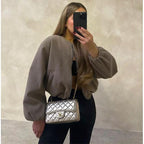 Women's Bomber Jacket Ladies Long Balloon Puff Sleeve Zipper Jacket Top Long Sleeve Cropped