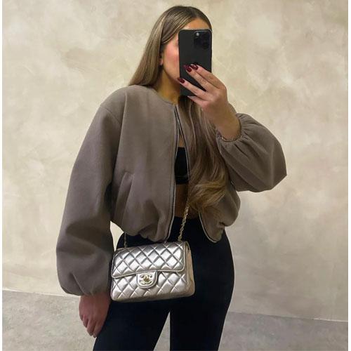 Women's Bomber Jacket Ladies Long Balloon Puff Sleeve Zipper Jacket Top Long Sleeve Cropped