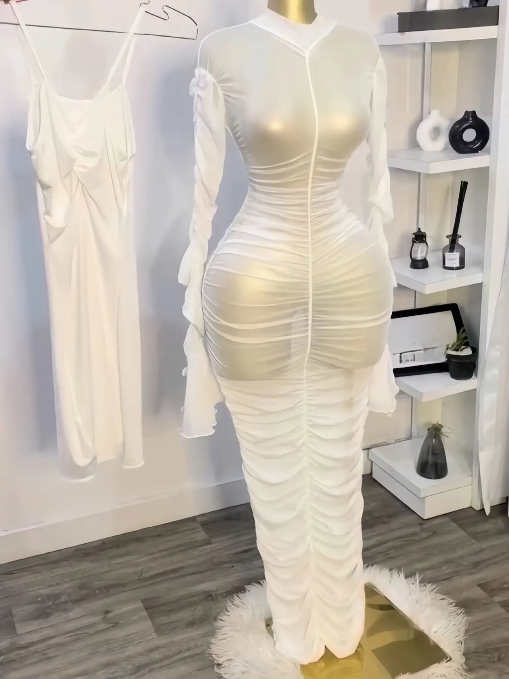Women's Long Mesh Overlay Bodycon Dress & Sexy Sheer Backless Sleeveless Party Gown