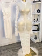Women's Long Mesh Overlay Bodycon Dress & Sexy Sheer Backless Sleeveless Party Gown