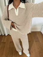 Women's 2pcs Set Loose Striped V-Neck Drop Shoulder Long Sleeve T-Shirt &Elastic Waist Striped Pants