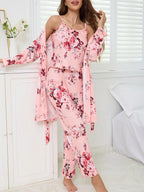Women's All Over Floral Print Pajama Set, Long Sleeve Open Front Outwear & Pants & Cami Top