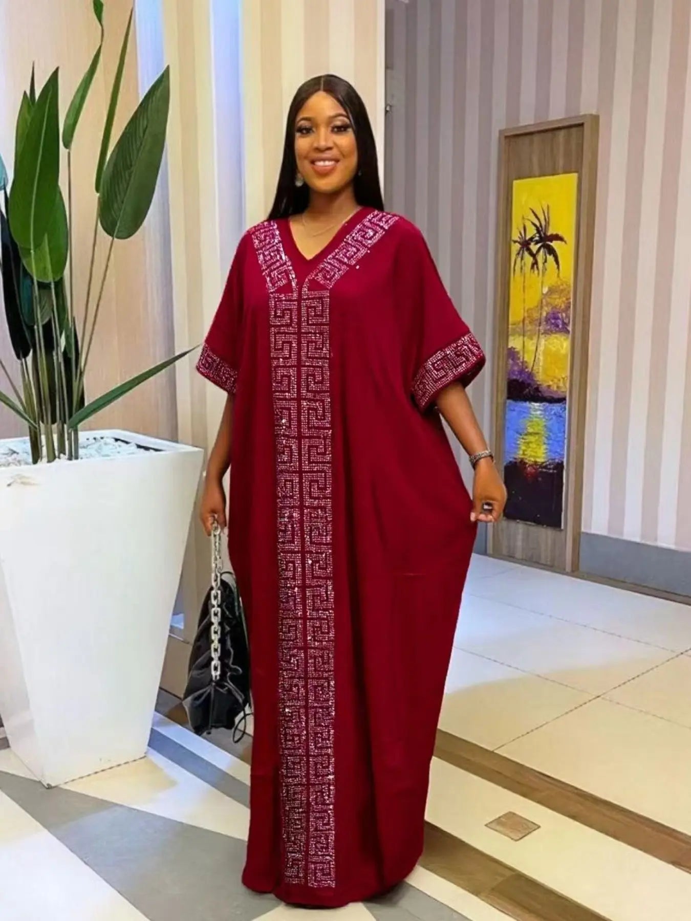 Women's Islamic Clothing Rhinestone Loose Boubou Kaftan Dress