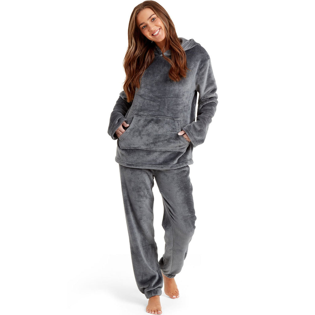 Womens Soft Fleece Hooded PJs Pyjama Bottoms Top Loungewear Set