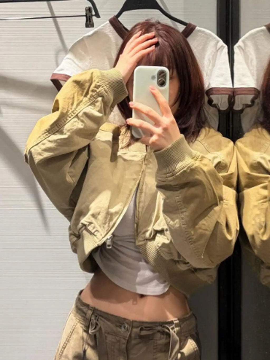 Women's Olive Green Loose Cropped Basic Bomber Jacket, Casual Zipper Coat