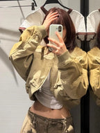 Women's Olive Green Loose Cropped Basic Bomber Jacket, Casual Zipper Coat