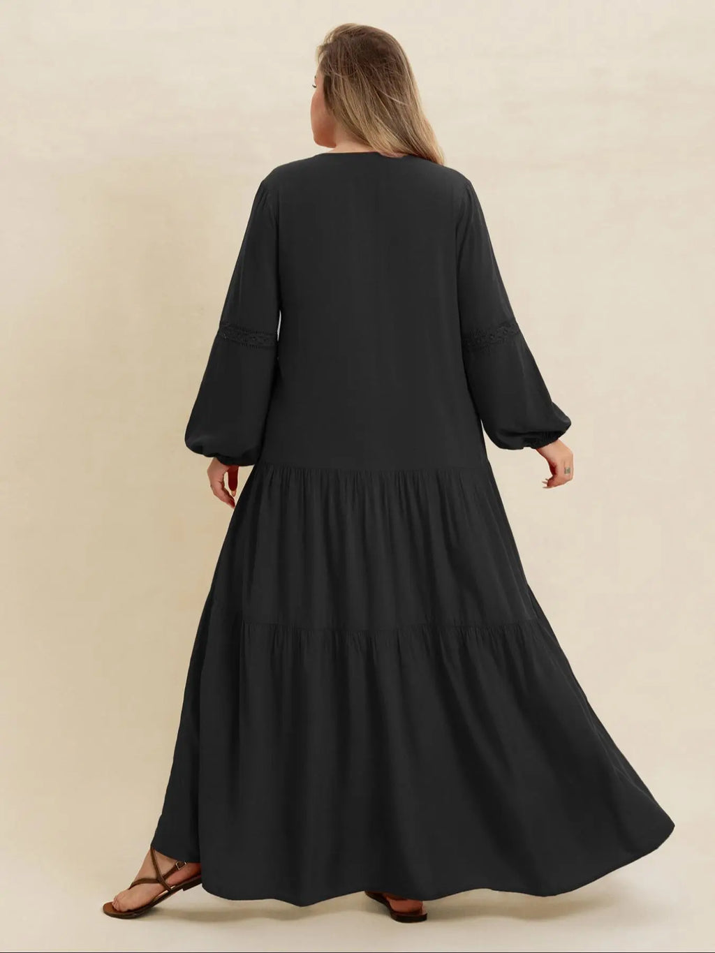 【Plus Size】 Plain V-Neck Long Sleeve Maxi Dress, Boho Modest Dress for Daily Holiday Vacation Wear, Women's Plus-Size Clothing for All Seasons
