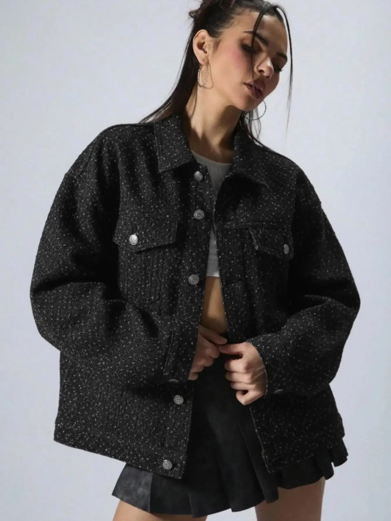 Women's Plain Basic Button-Front Drop-Shoulder Fitted Denim Jacket Coats