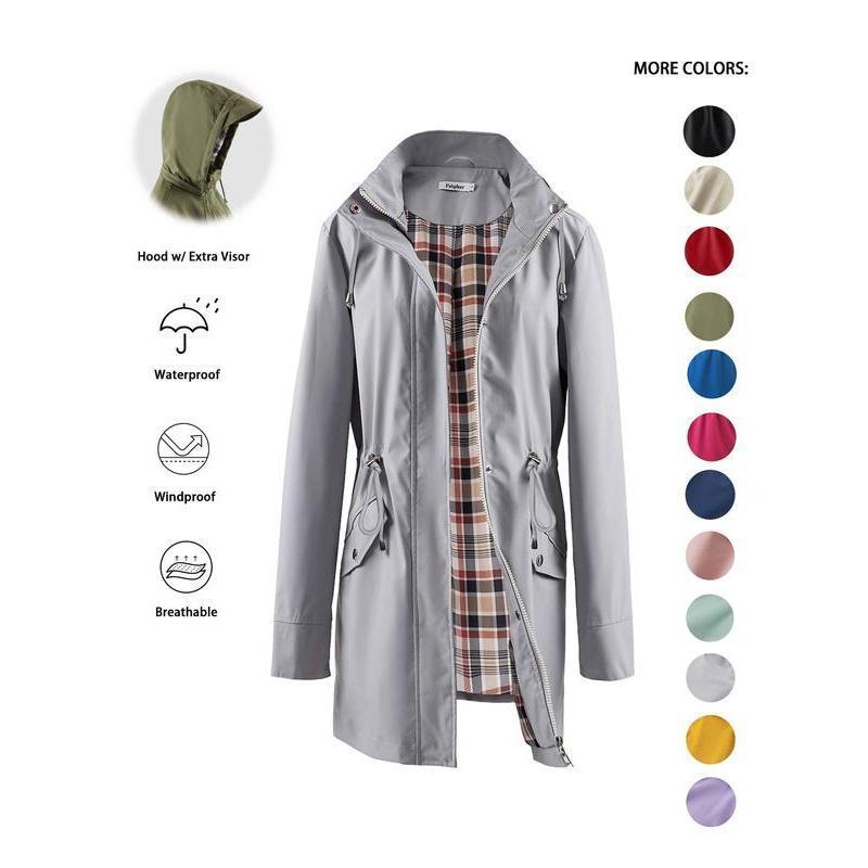 Women's Solid Color Drawstring Zip-Up Hooded Trench Coat Long Sleeve Waterproof Windproof Soft Comfortable Casual Outerwear Suitable For Spring Fall Daily Wear Outings