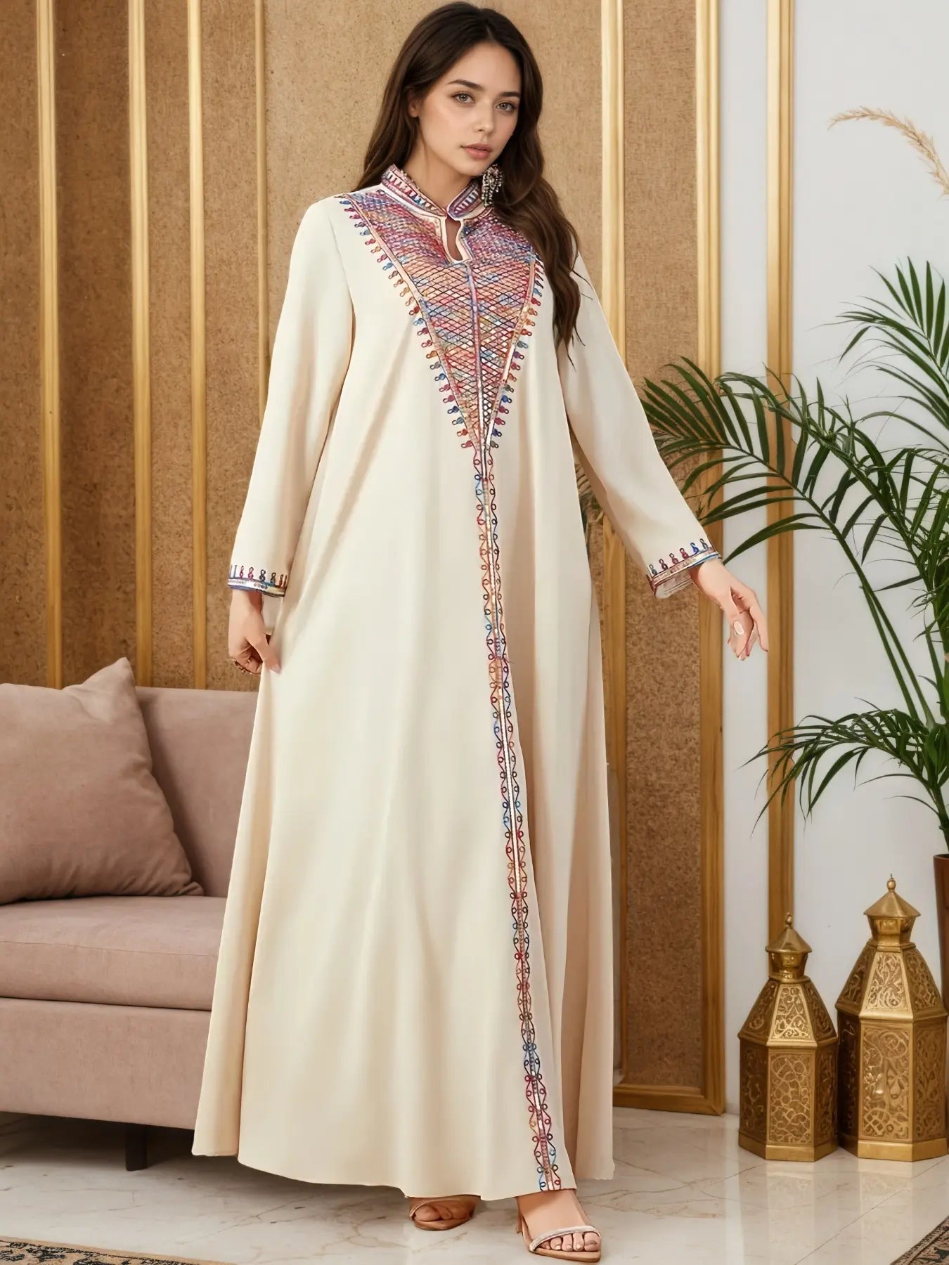 Elegant Muslim Women's Long Robe with Colorful Embroidery, Perfect for All Seasons, Stylish and Comfortable Clothing, Muslim Women Gowns