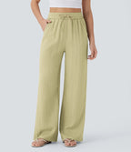 Casual High-Waisted Linen Trousers with Drawstring and Wide Pockets