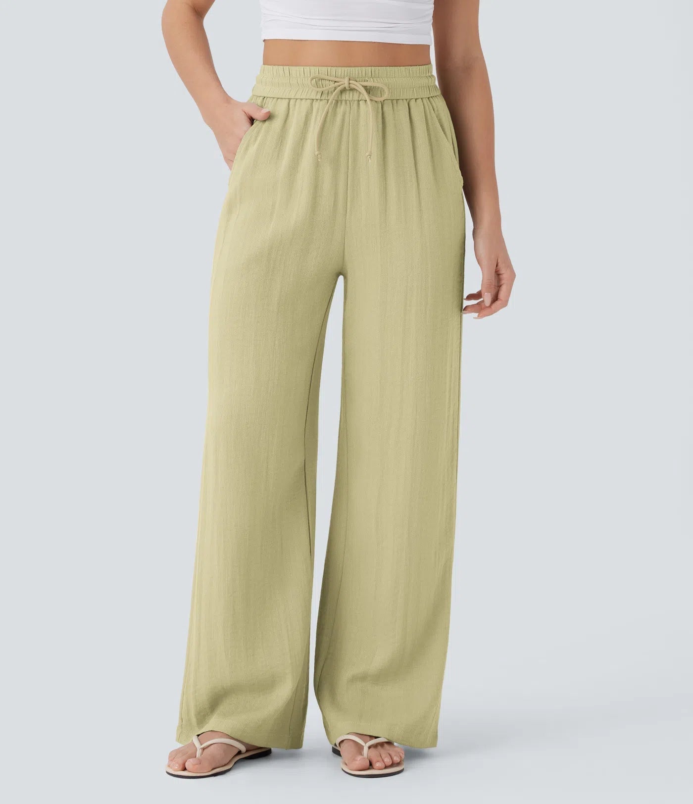 Casual High-Waisted Linen Trousers with Drawstring and Wide Pockets