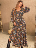 Women's Boho Floral Print Lantern Sleeve Dress, Fitted Waist Tie Design, Loose Fit Comfortable Casual Long Sleeve Dress for Fall Winter