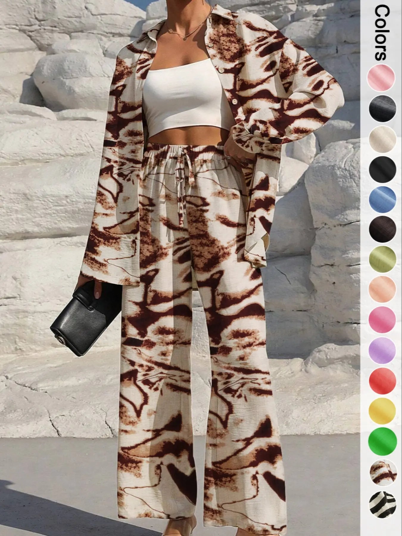 Women's Solid Button Front Shirt & Tie Front Wide Leg Pants Two-piece Set, Casual Drop Shoulder Long Sleeve Top & Trousers 2 Piece Set for Spring & Fall, Women's Clothes for Daily Wear, Casual Outfits Women