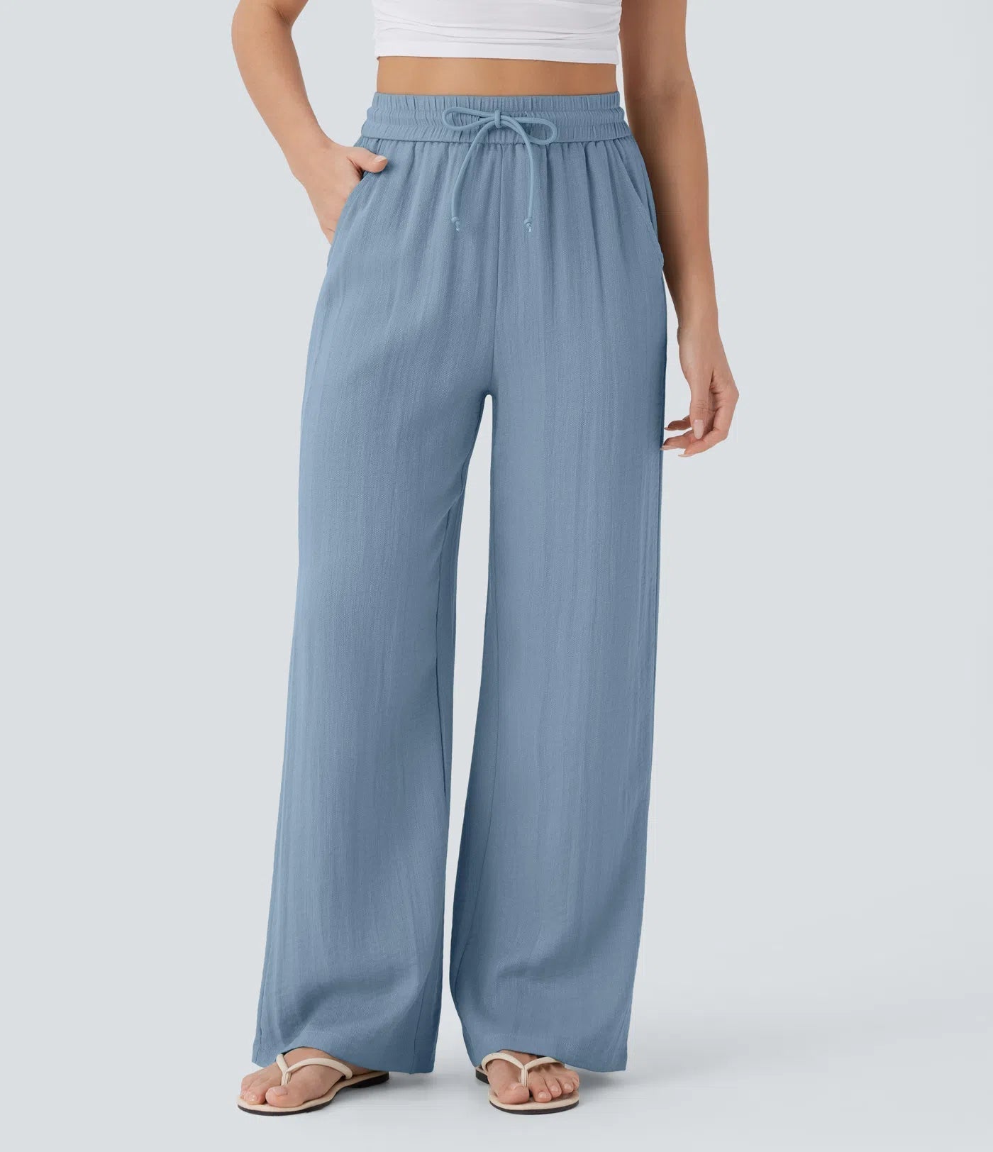 Casual High-Waisted Linen Trousers with Drawstring and Wide Pockets